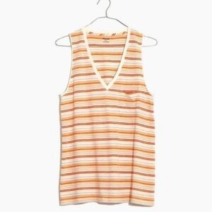 Madewell NWT Whisper Fieldgate Stripe Orange Cotton V-Neck Sleeveless Tee Top M